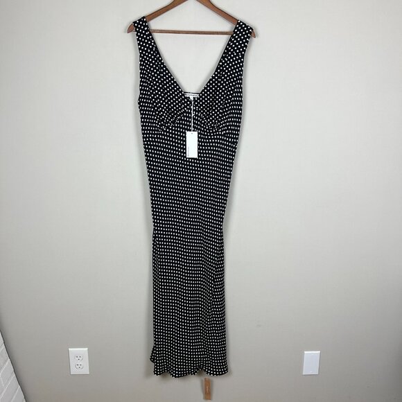 Reformation Beauden Midi Dress Womens 1X Black Polka Caviar Dot Ruched Crepe NEW - Picture 11 of 16